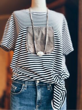 OOAK Upcycled Striped Tunic Top with Camo Pocket | Raw Hem